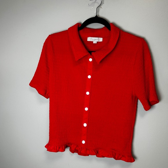 LOFT Tops - Loft candle Apple red super stretchy gold button collars shirt large